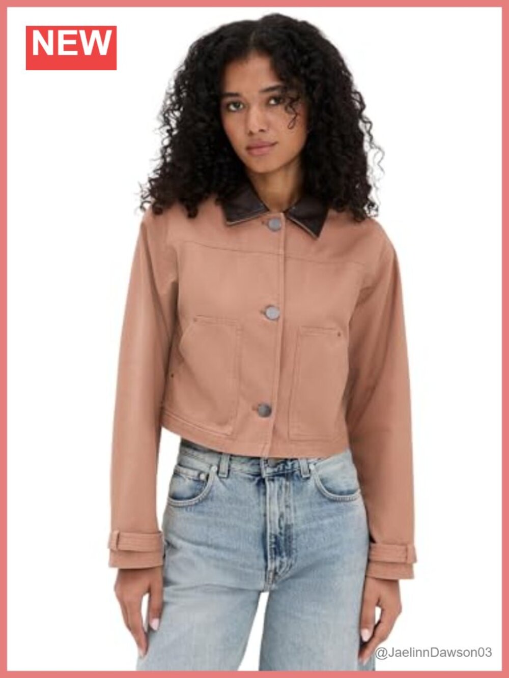 Cropped Canvas Jacket with Faux Leather Trim Button Front